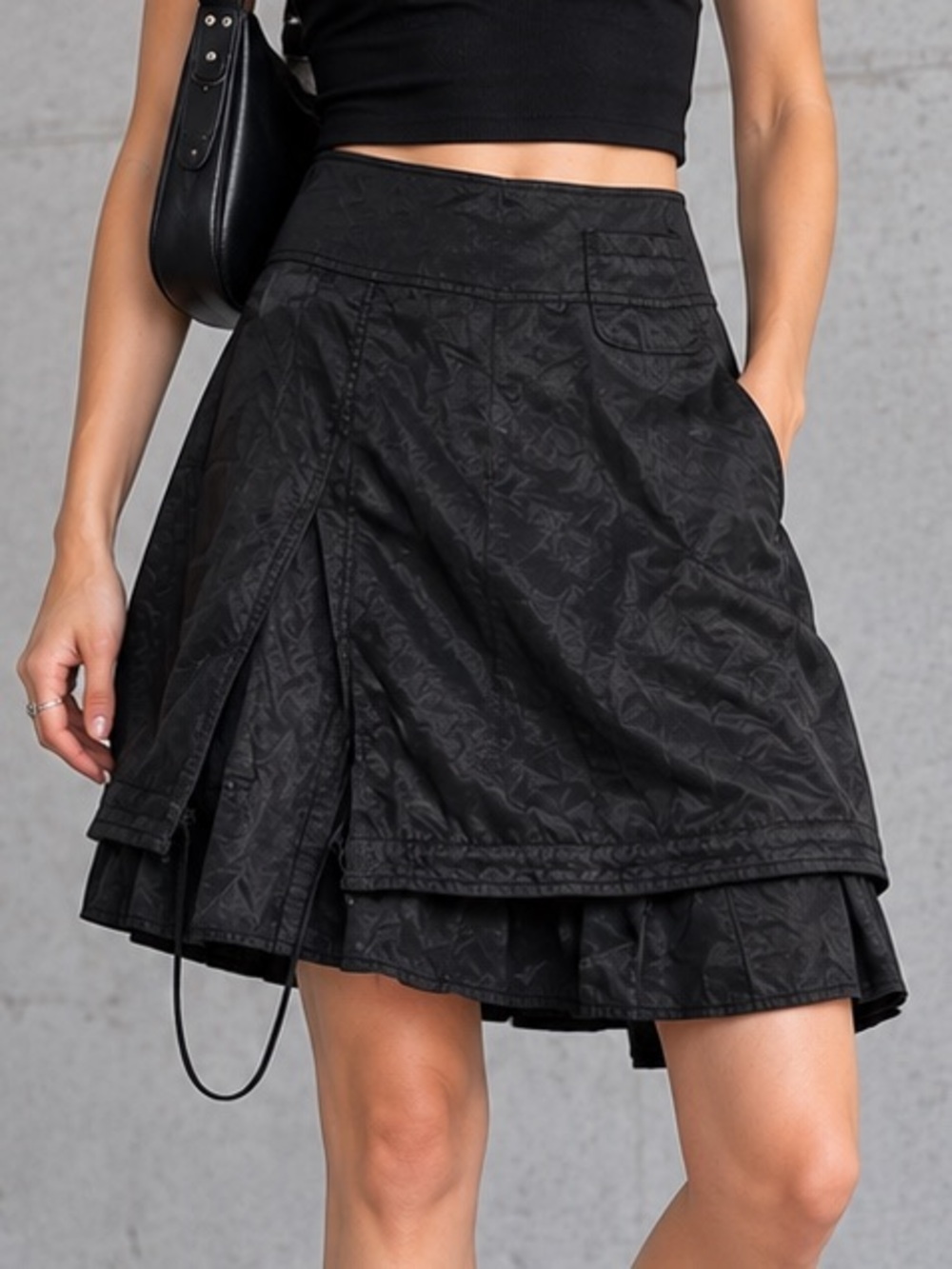BOSCA Y2K Black Utility Midi Skirt Shimmer Layered Hem Techwear S/M